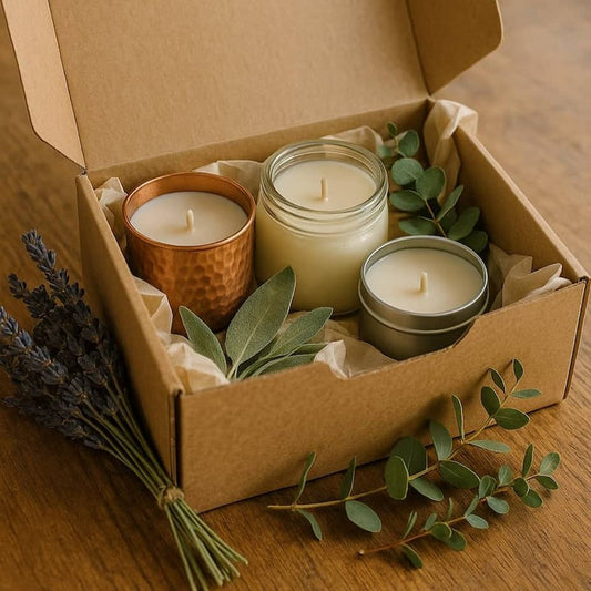 Three candles in a cardboard box with greenery on a wooden surface