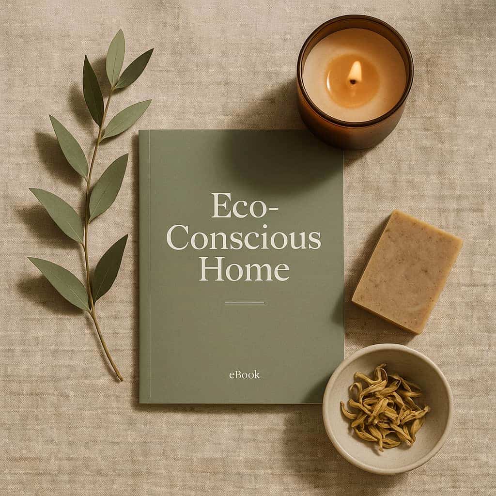Book titled 'Eco-Conscious Home' with a candle, leaf branch, and bowl on a beige surface