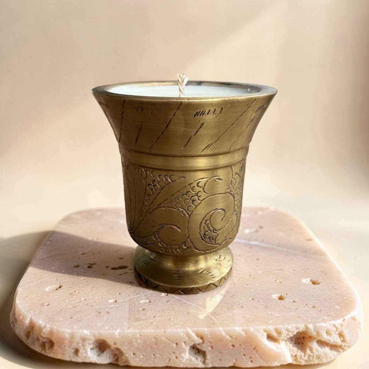 Repurposed Etched Brass Mortar Candle