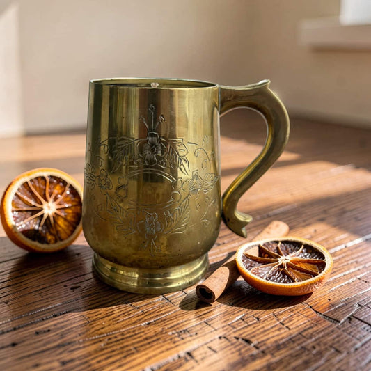 A polished brass mug with engraved floral and crest-like detailing, placed on a wooden table with dried orange slices and a cinnamon stick nearby.