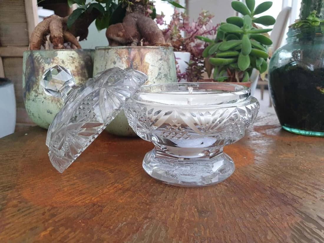 Decorative glass bowl with intricate designs on a wooden surface with plants in the background