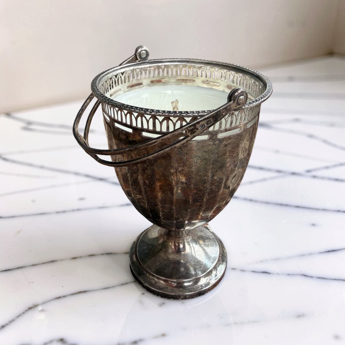 Repurposed Silver Fretwork Basket Candle