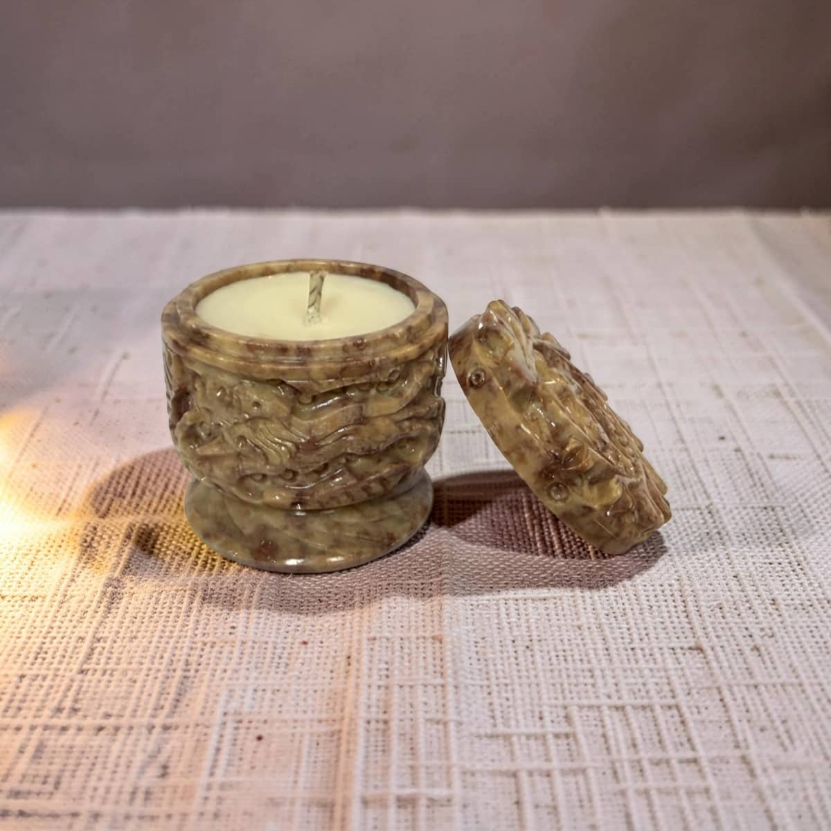 Vintage Carved Soapstone Trinket Pot Candle Pair