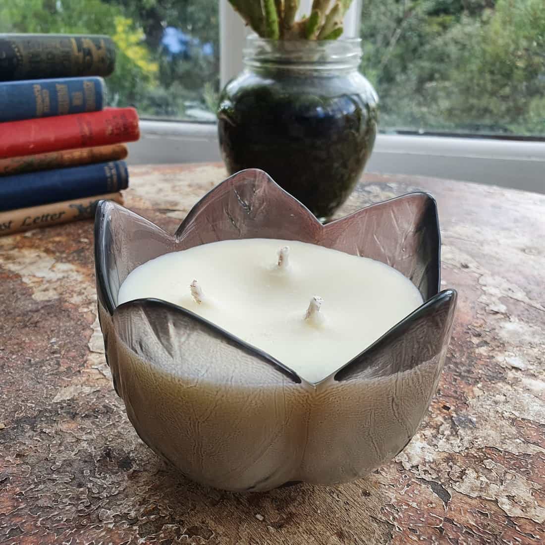 Candle in a decorative holder on a surface with books and a plant in the background