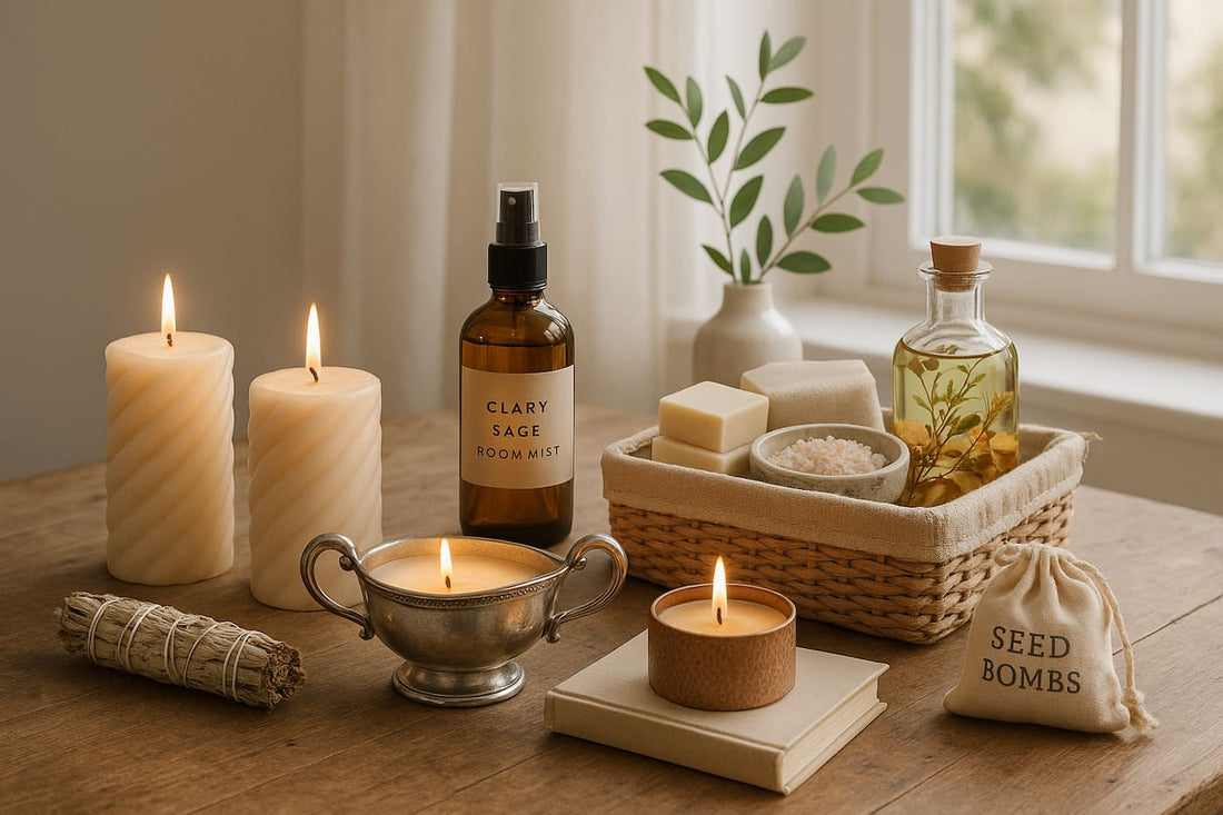 housewarming gifts on wooden table with candles and smudge sticks and bath salts