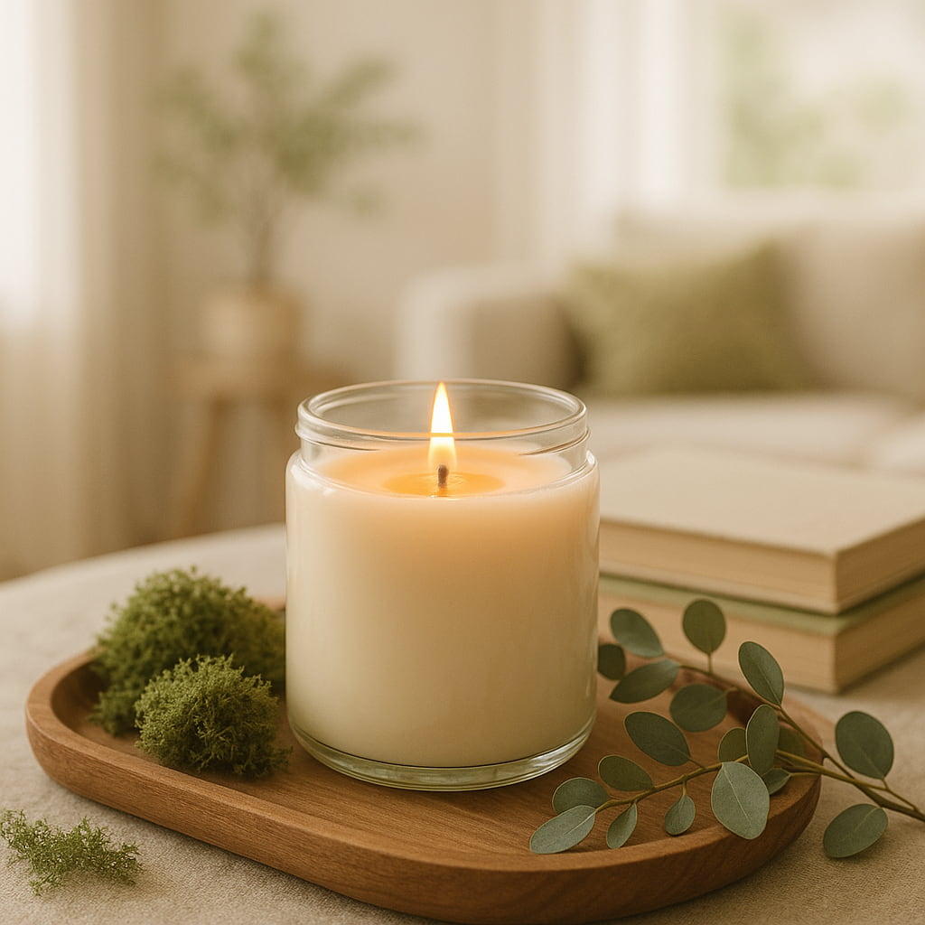softly lit candle on wooden tray with moss and sprig in living room
