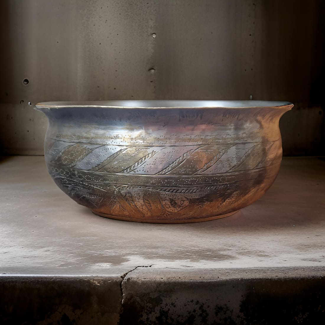 Vintage metal bowl on a textured surface with a neutral background