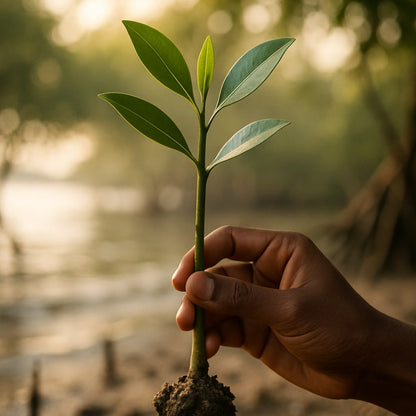 Hand holding a small plant with a blurred natural background