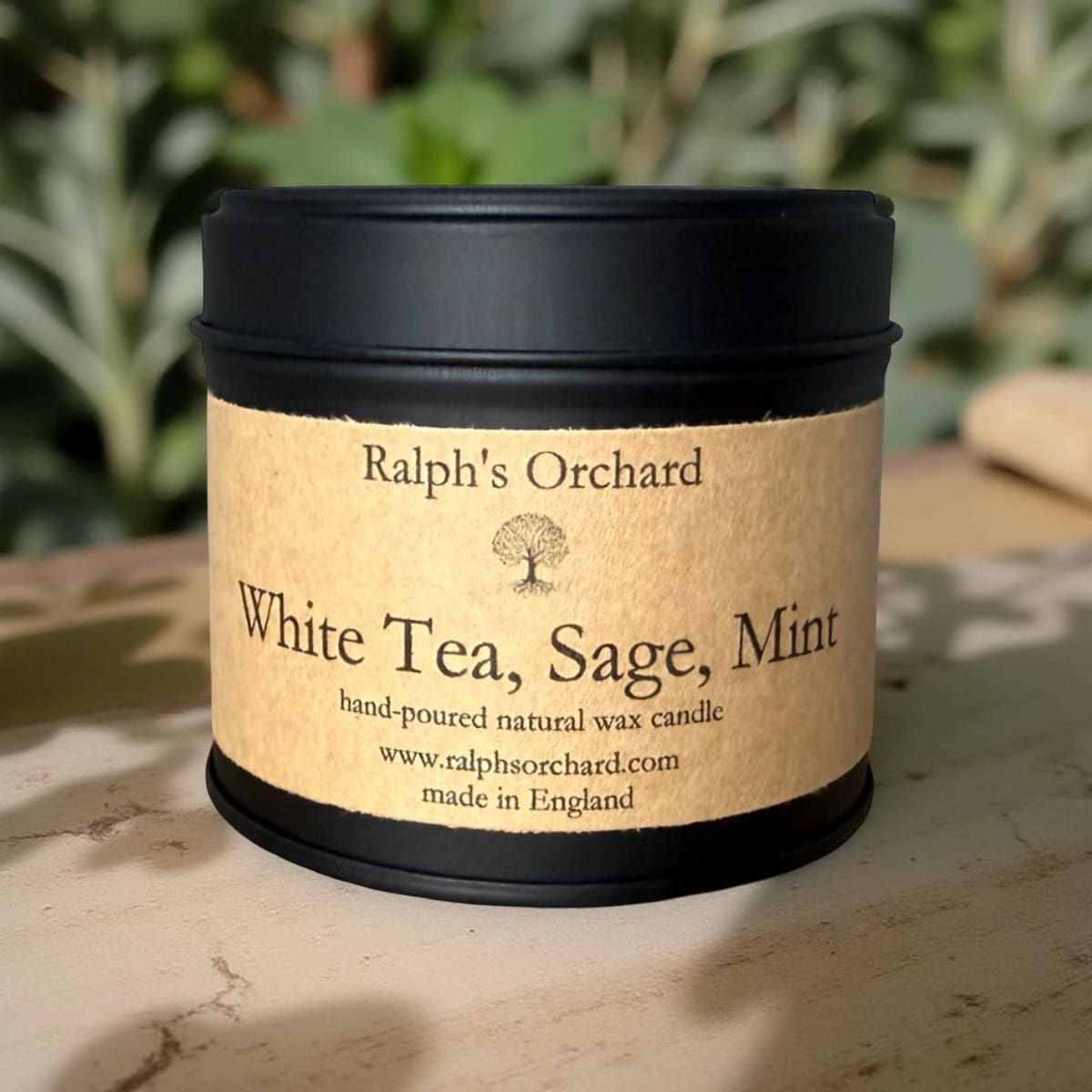Candle in a tin labeled 'White Tea, Sage, Mint' by Ralph's Orchard on a natural surface with greenery in the background.
