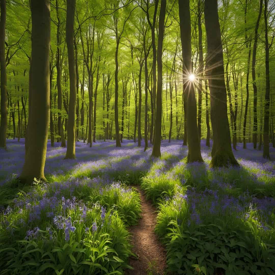 Sunlit forest with bluebell flowers and a clear path
