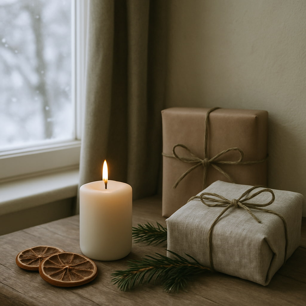 Two wrapped gifts with brown paper and string, a lit candle, and dried oranges on a wooden surface near a window.