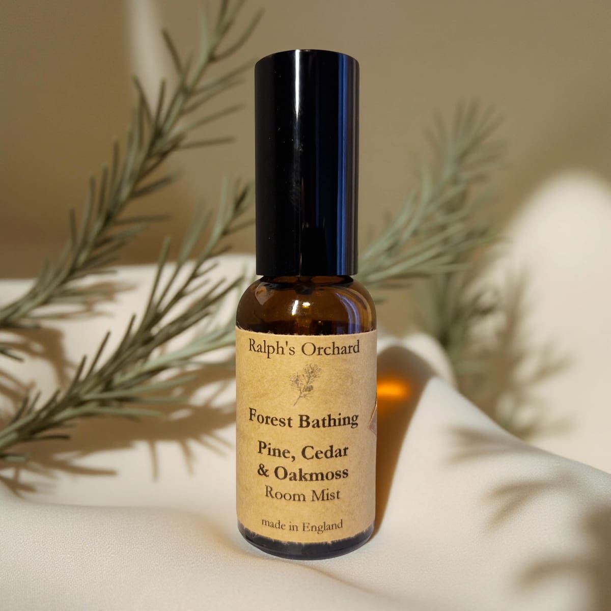 Bottle of 'Forest Bathing' room mist by Ralph's Orchard with a natural background