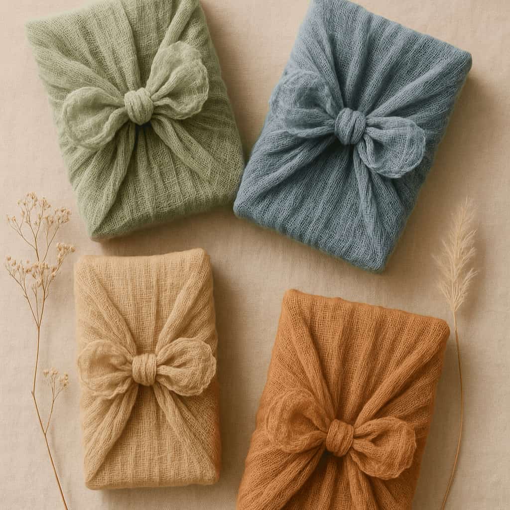 Four wrapped packages in green, blue, beige, and brown on a beige background with dried plants.