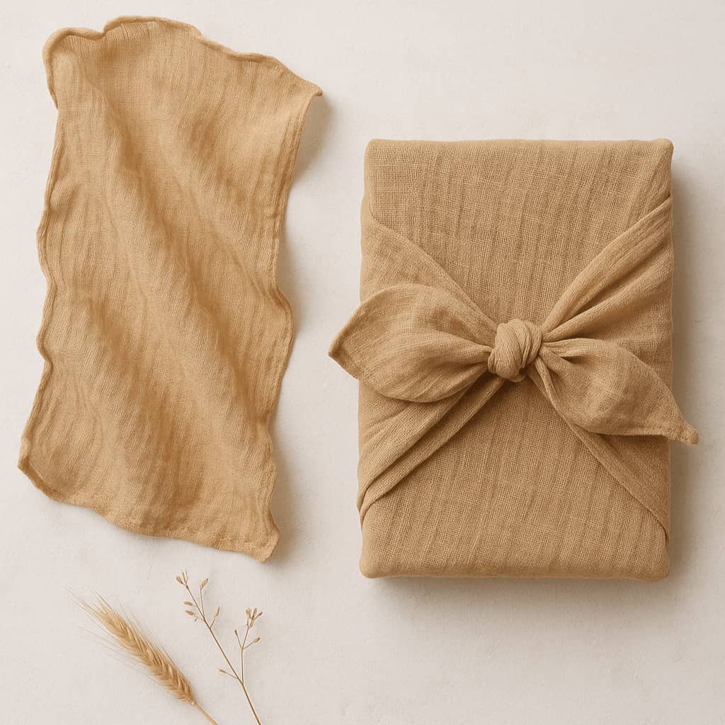 Two pieces of beige fabric, one draped over the other on a light background.