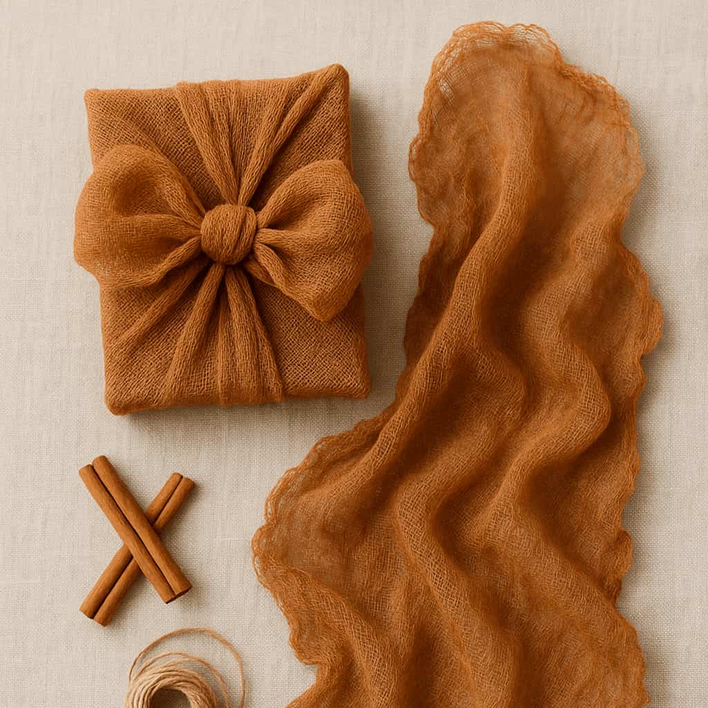 Brown fabric with a knot, cinnamon sticks, and twine on a beige background
