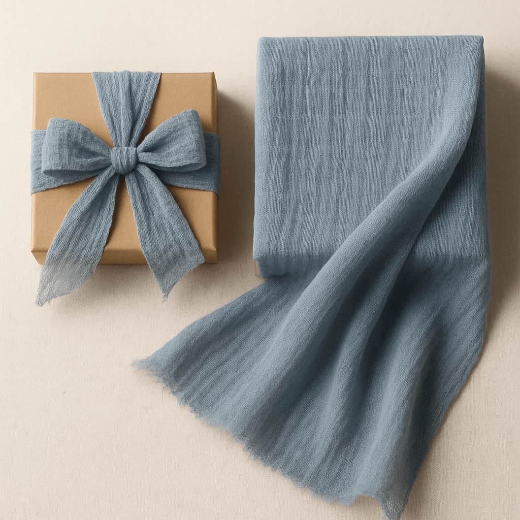 Blue scarf draped over a wrapped gift with a blue bow on a beige background