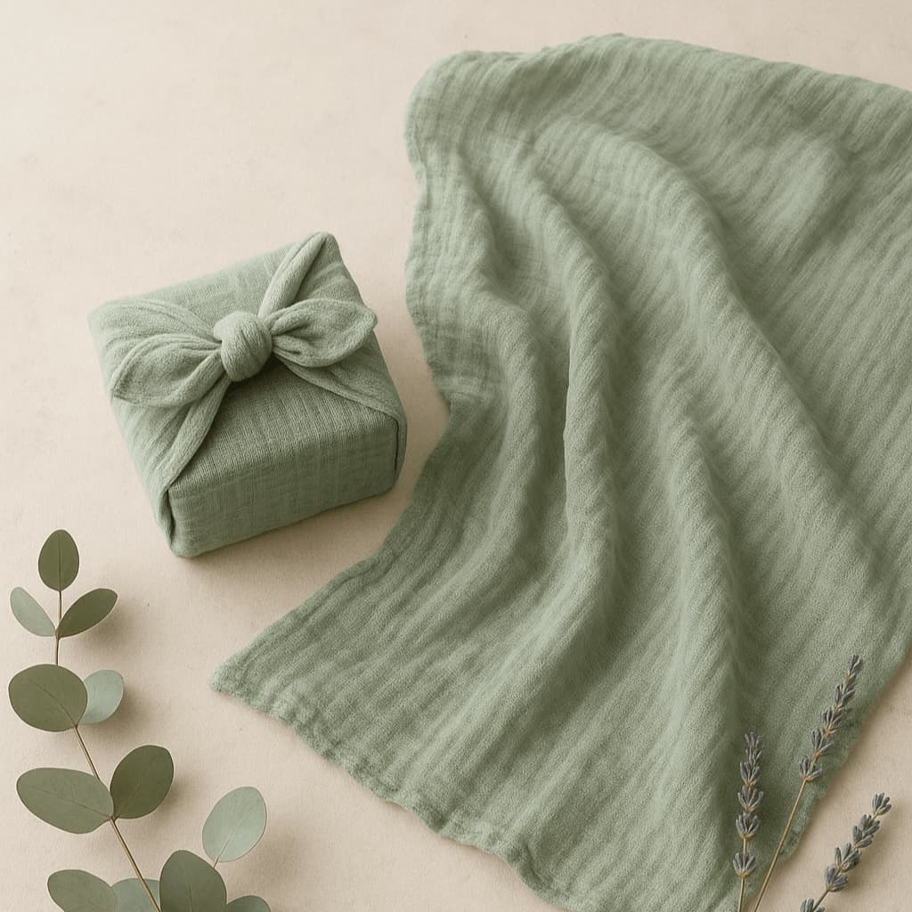 Green textured blanket and wrapped gift on a beige background with greenery.