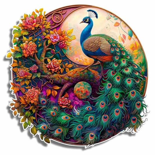 Colorful illustration of a peacock surrounded by flowers and foliage on a white background