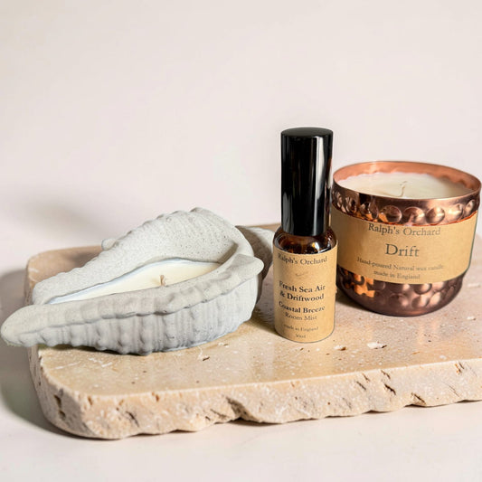 Candle and diffuser set on a stone surface with a white background