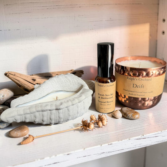 Candle and bottle on a shelf with decorative elements