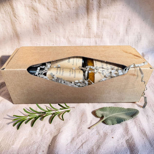 Open cardboard box containing skincare products with a leaf on a textured surface