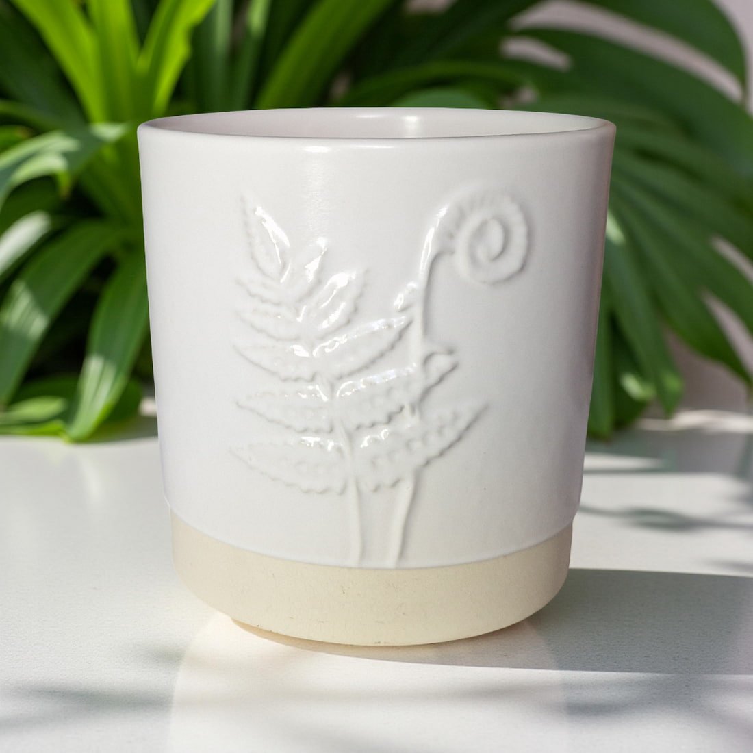 White ceramic planter with embossed design on a light surface with green plants in the background