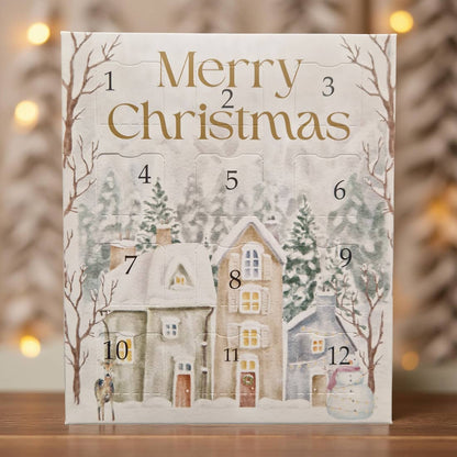 Advent calendar with snowy village design and 'Merry Christmas' text.