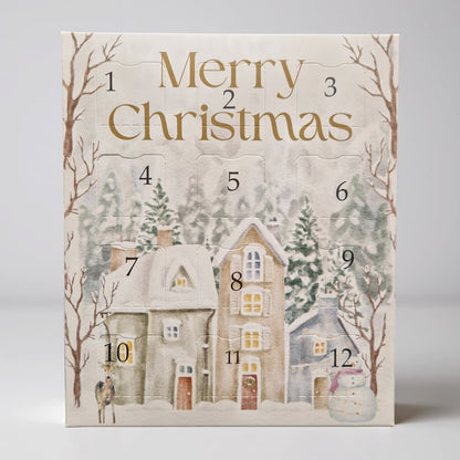 Advent calendar with snowy village design and 'Merry Christmas' text.
