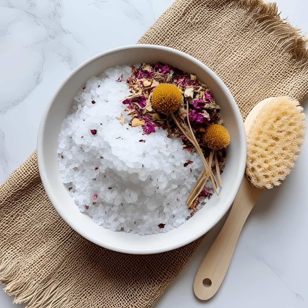 A white bowl filled with white bath salts and dried flower petals, styled on a burlap cloth with a wooden scrub brush on a light marble surface.