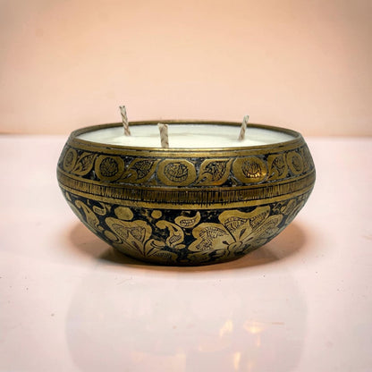 Repurposed Vintage Indian Brass Bowl Candle - Black & Gold