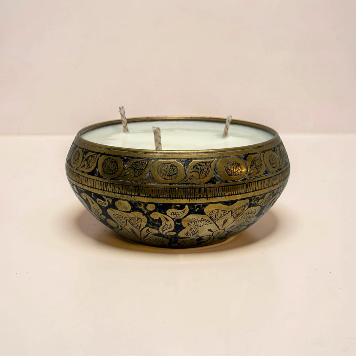 Repurposed Vintage Indian Brass Bowl Candle - Black & Gold
