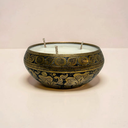 Repurposed Vintage Indian Brass Bowl Candle - Black & Gold