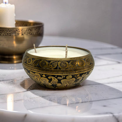 Repurposed Vintage Indian Brass Bowl Candle - Black & Gold