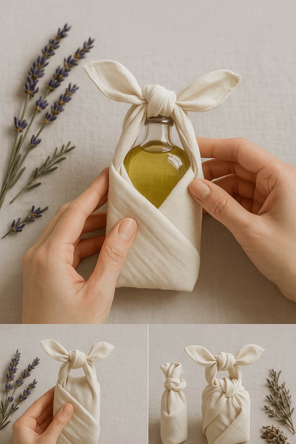 Small bottle of green liquid in a white textured bag with a ribbon, surrounded by lavender flowers on a light background.