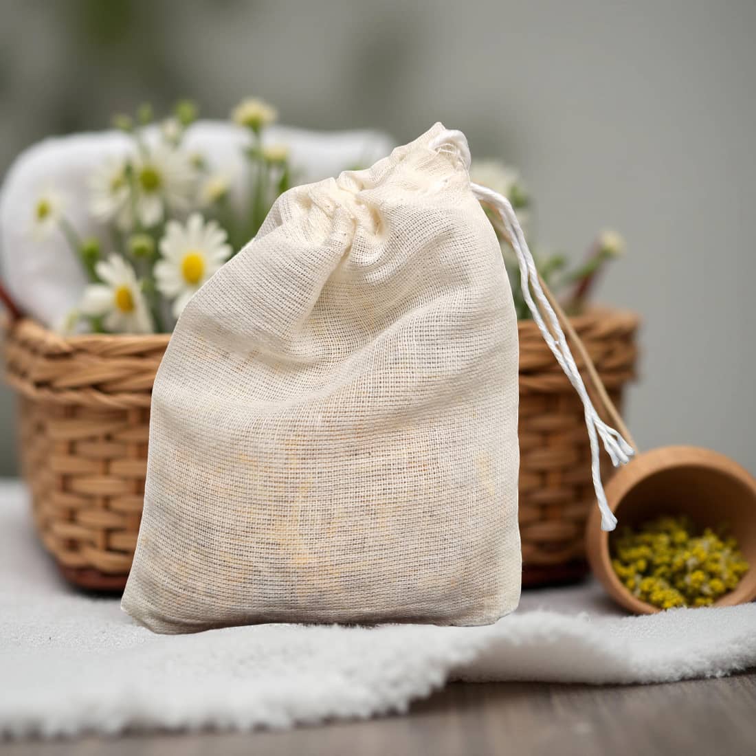 Drawstring bag with natural products on a soft surface