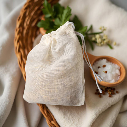 White drawstring bag on a woven basket with herbs and a small bowl of salt on a light fabric background