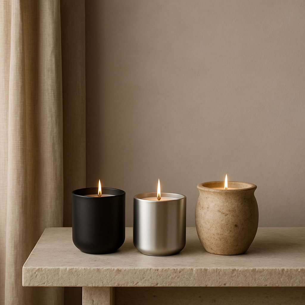Three candles in black, silver, and beige containers on a stone surface with a neutral background.