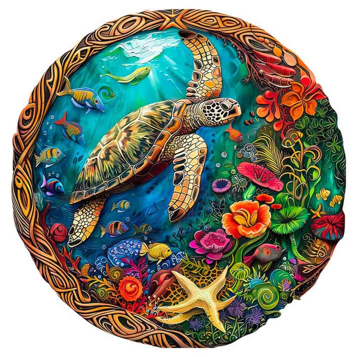 Colorful artwork of a turtle surrounded by marine life and floral elements on a white background.