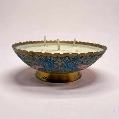 Repurposed Vintage Indian Brass Peacock Bowl Candle