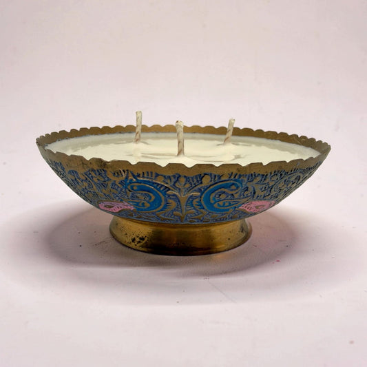 Repurposed Vintage Indian Brass Peacock Bowl Candle
