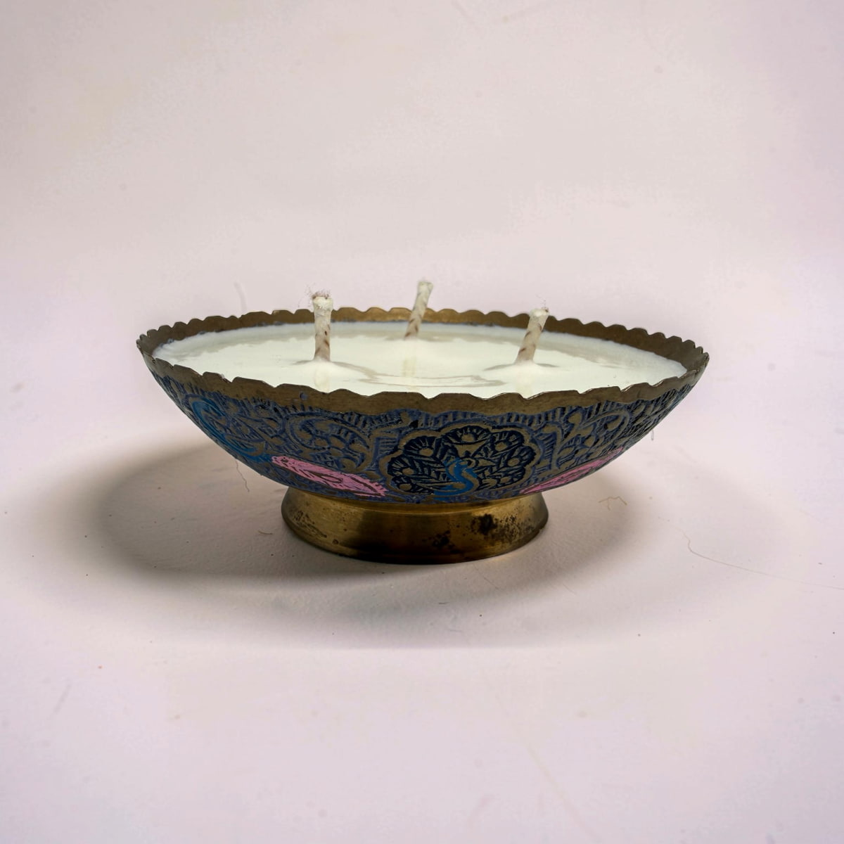 Repurposed Vintage Indian Brass Peacock Bowl Candle