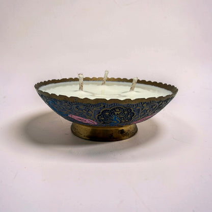 Repurposed Vintage Indian Brass Peacock Bowl Candle