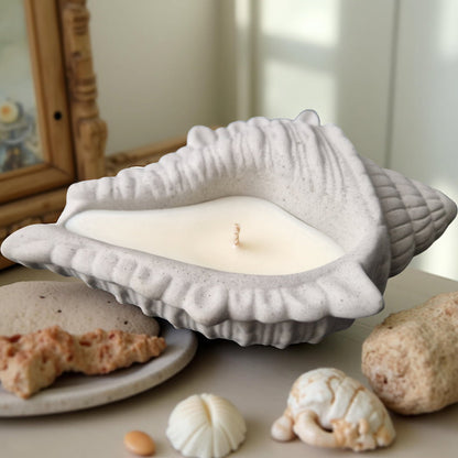 Shell-shaped candle on a surface with decorative shells and a framed picture in the background