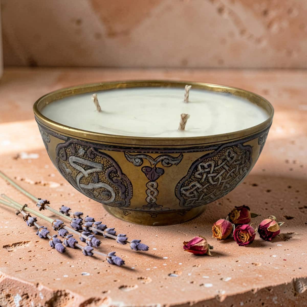 Decorative candle in an ornate brass holder with dried lavender and flowers on a textured surface