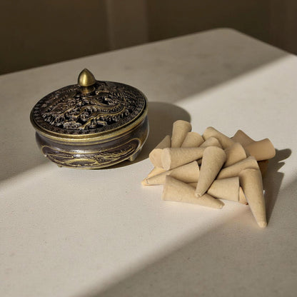 Decorative incense holder with cones on a light surface