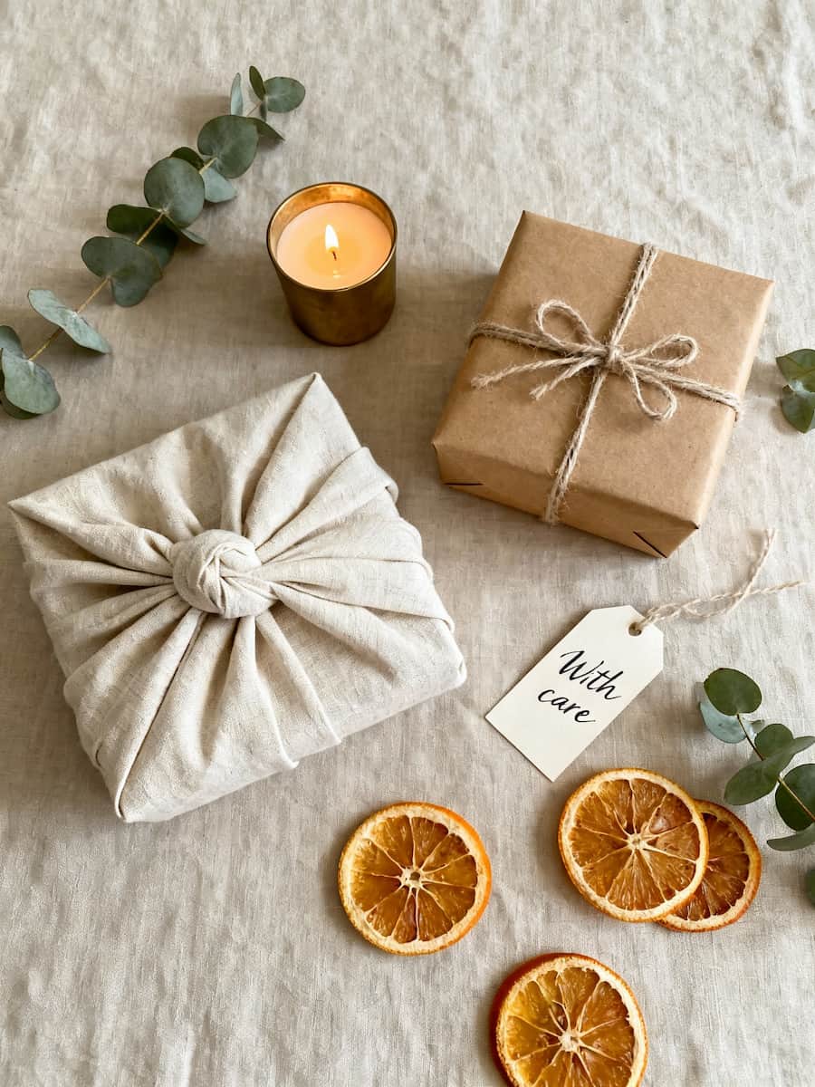 Two wrapped gifts, a lit candle, dried oranges, and eucalyptus leaves on a textured surface.