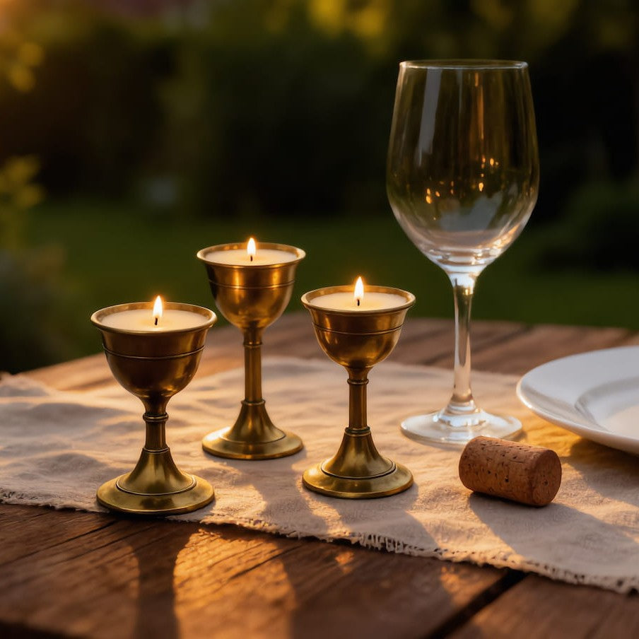 Three small brass candle holders with lit candles are arranged on a wooden table beside a clear wine glass, a cork, and a white plate, with a softly blurred outdoor garden background at sunset.