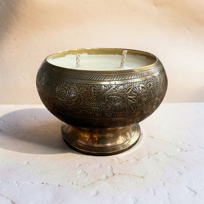 Repurposed Etched Brass Bowl Candle
