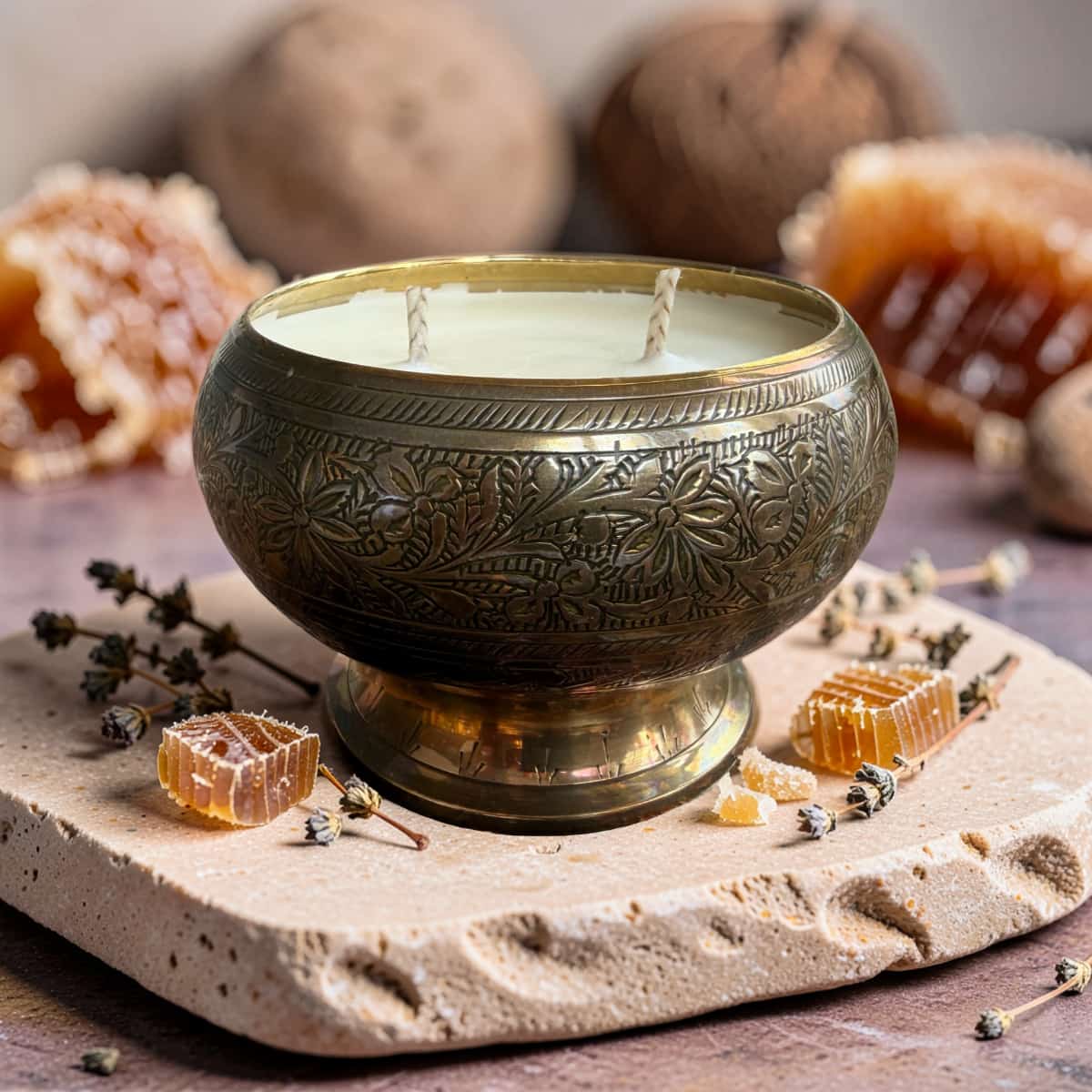 Repurposed Etched Brass Bowl Candle