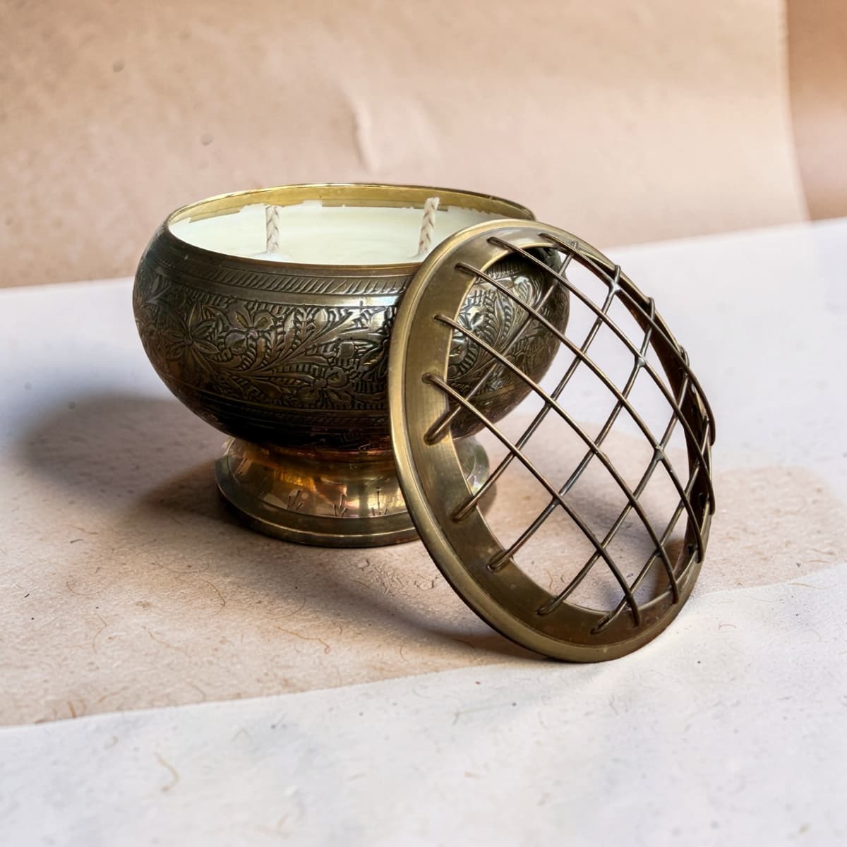 Repurposed Etched Brass Bowl Candle